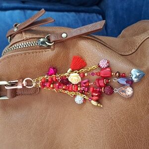 PURSE/BAG CHARM  Handmade Red And Pink Beads w/Fun Colorful Charms! Approx. 6"